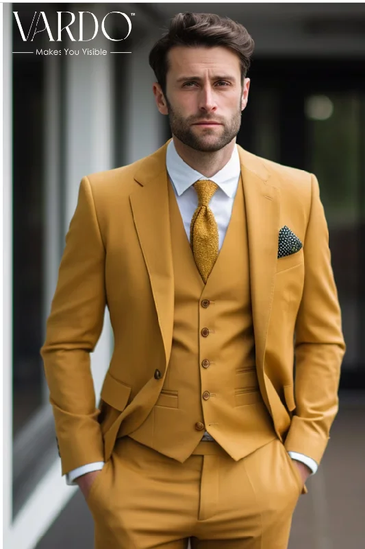 Men's Suits with Custom MonogramsElegant Mustard Yellow Three-Piece Suit for Men -  Tailored Fit, The Rising Sun store, Vardo