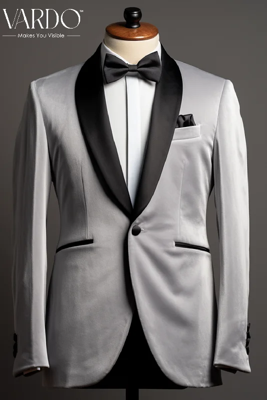 Men's Suits with Matching Ties and Pocket SquaresLuxurious  Light Grey Velvet Dinner Jacket for Men