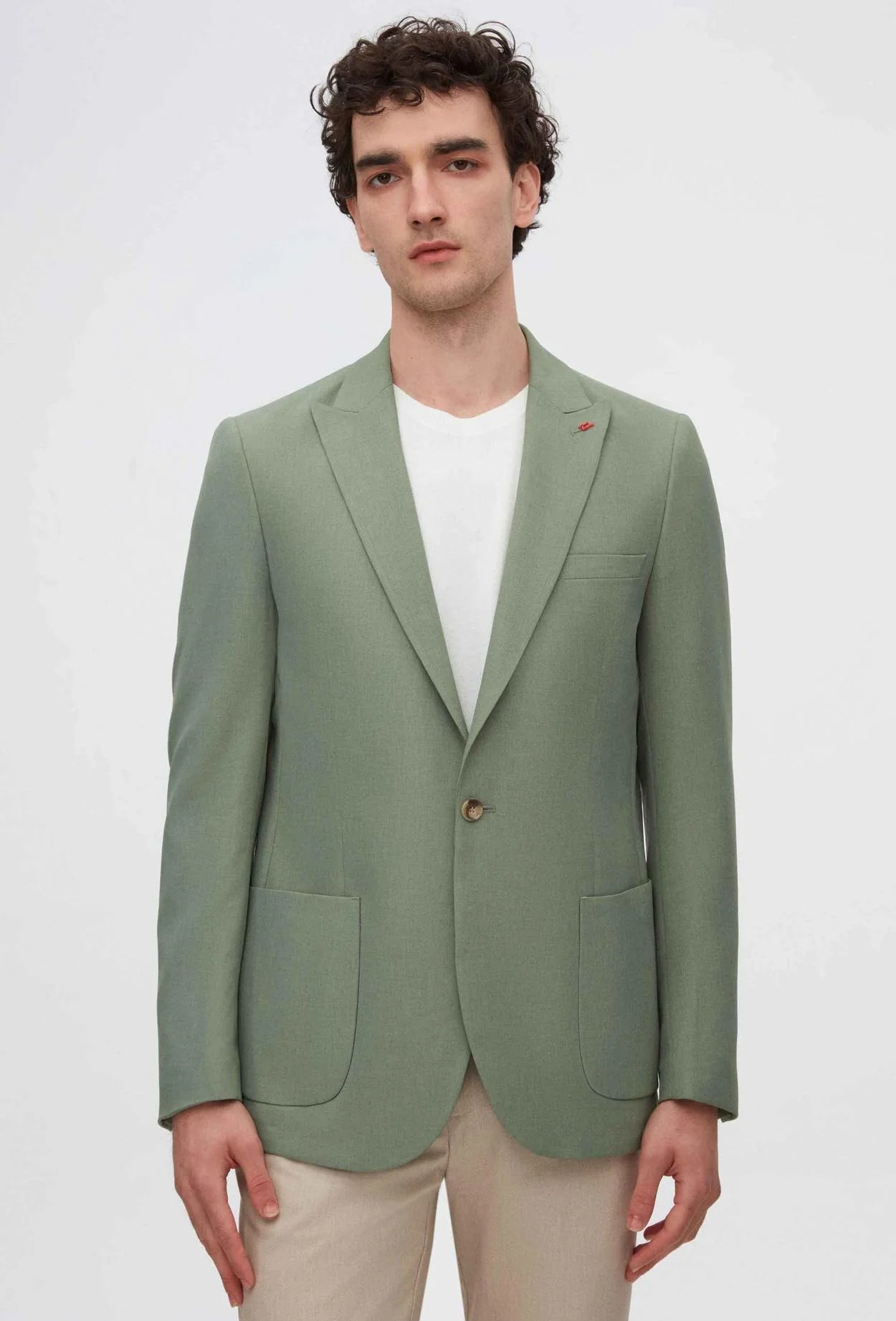 Durable Men's Wool SuitsTwn Slim Fit Green Dobby Fabric Jacket