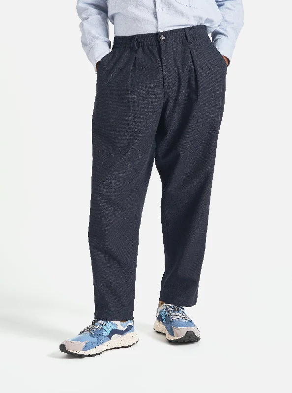 Men's Suits with Wide LegsUniversal Works Pleated Track Pant in Navy Birdseye Tweed