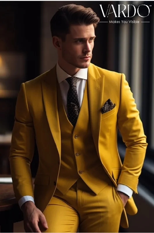 Men's Suits with Personalized LiningsMustard Yellow Three-Piece Suit for Men Tailored Fit, The Rising Sun store, Vardo