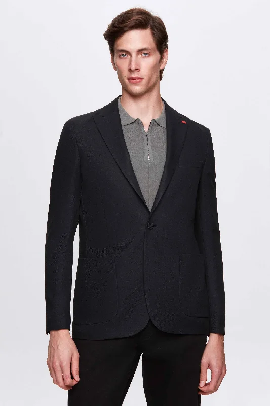 Elegant Men's Linen SuitsTwn Slim Fit Black Dobby Fabric Jacket