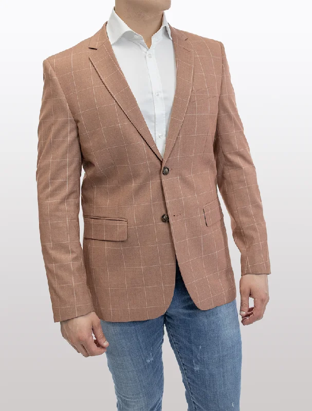 Men's Suits with Flap PocketsFUBU Slim Fit Light Brown Windowpane Sport Jacket