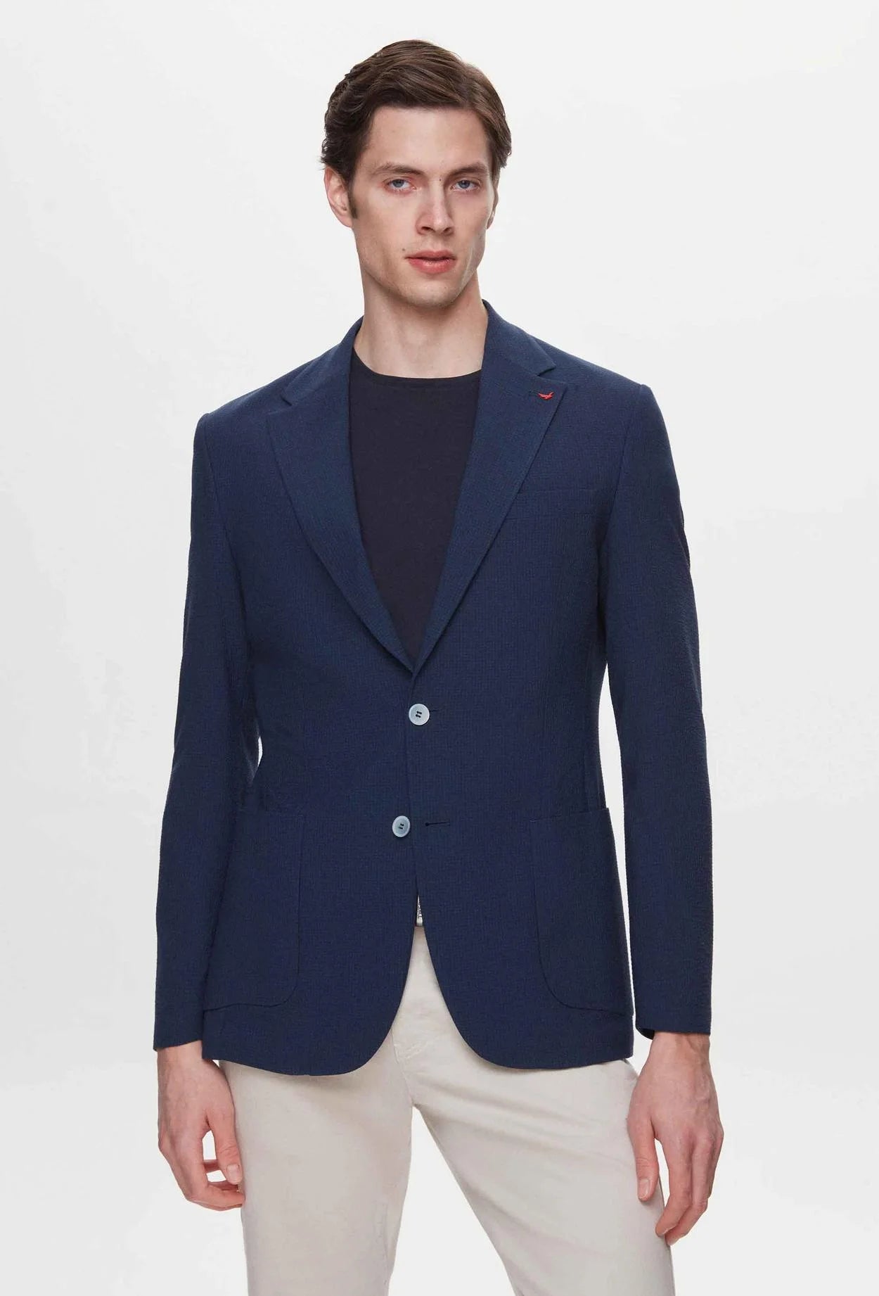 Practical Men's Machine-Washable SuitsDs Damat Slim Fit Navy Blue Dobby Fabric Jacket