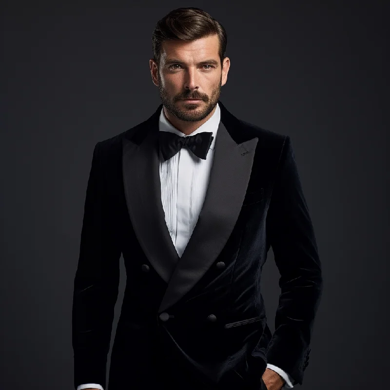 Men's Suits with Pass-Through PocketsClassic Black Double-Breasted Velvet Dinner Jacket for Men - Timeless Elegance