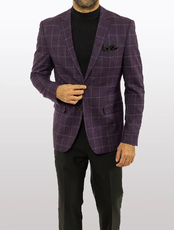 Men's Suits with Patch PocketsFUBU Purple with Grey Windowpane Slim Fit Sport Jacket