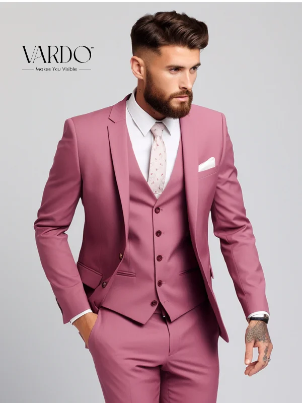 Men's Suits with Heavy-Duty ButtonsDusty Rose Notch Lapel Three-Piece Suit