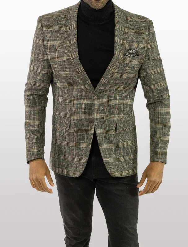 Men's Suits with Peak LapelsFUBU Black with Tan Tartan Slim Fit Sport Jacket