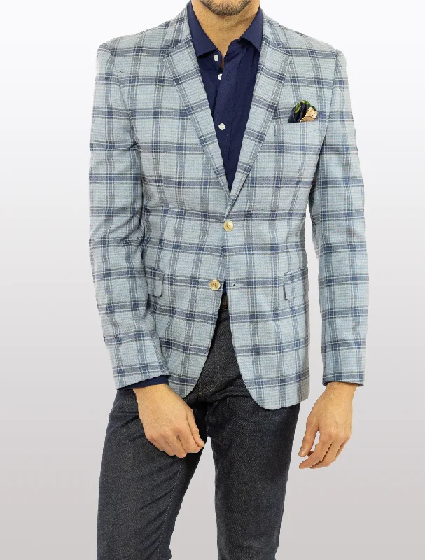 Men's Suits with Three-Button JacketsFUBU Light Blue with Dark Blue Windowpane Slim Fit Sport Jacket