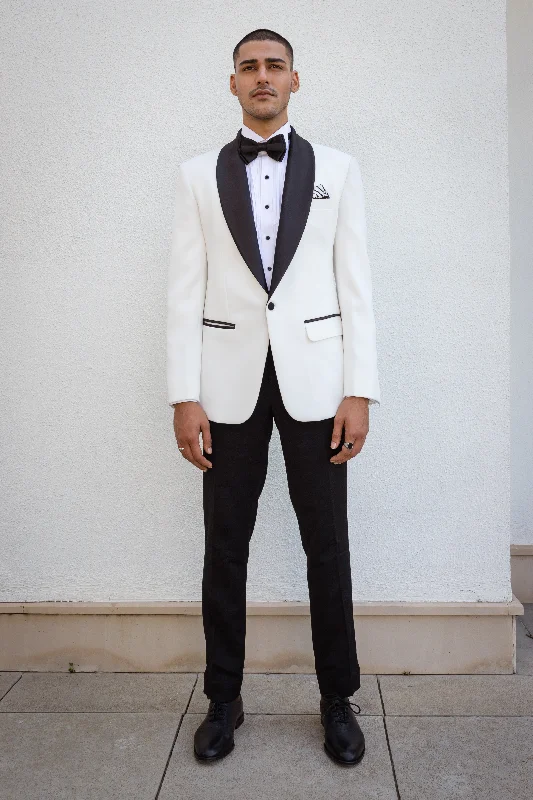 Men's Suits with Synthetic FabricsWhite Tux Jacket With Black Shawl Lapel.