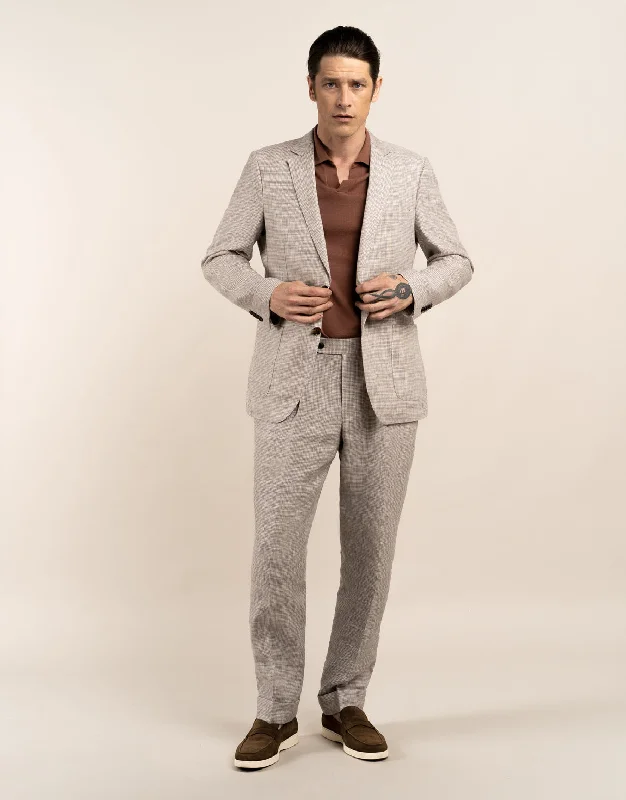 Men's Suits with Stretch FabricsMalta Beige Houndstooth Linen Suit