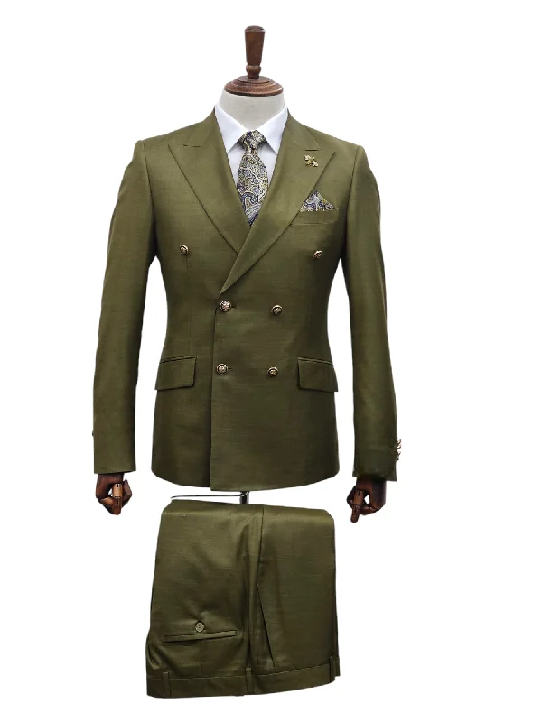 Men's Suits with Patch PocketsGiovanni Testi Slim Fit Double Breasted Sharkskin suit GT6DB-1501 OLIVE