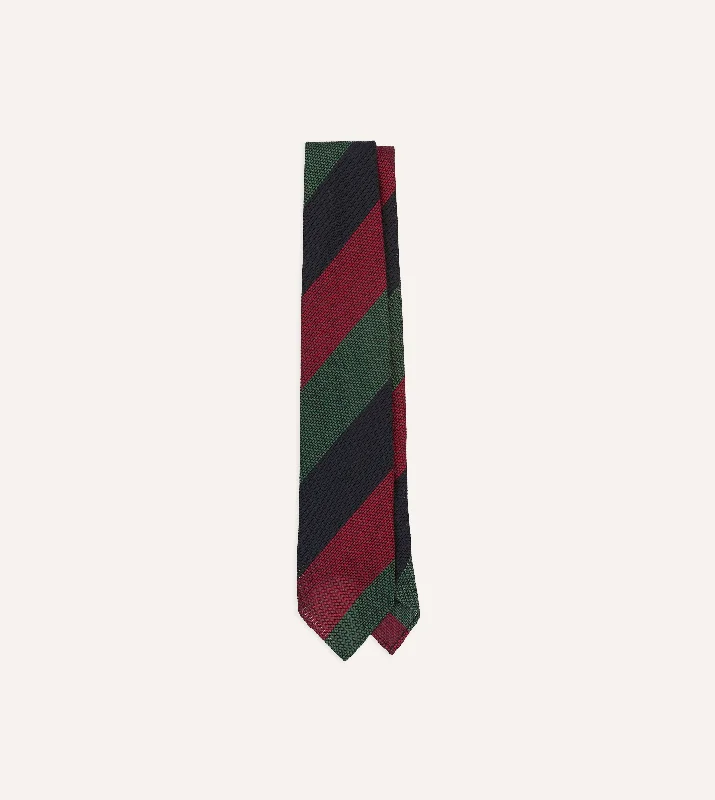 Men's Suits with Synthetic FabricsGreen, Red and Navy Wide Stripe Hand Rolled Silk Grenadine Tie