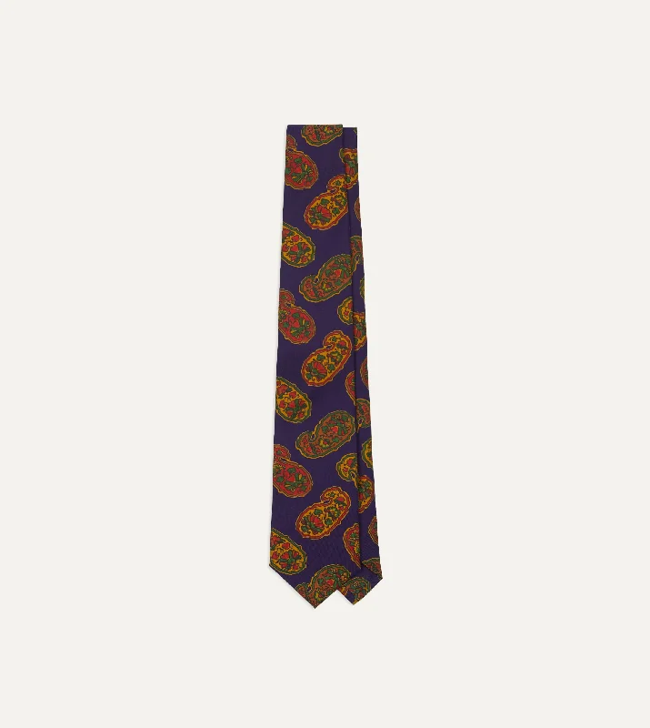 Men's Suits with Tweed FabricsPurple Large Paisley Print Silk Self Tipped Tie