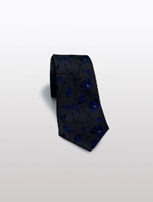 Men's Suits for Business MeetingsCharcoal with Blue Floral Patterned Microfiber Tie