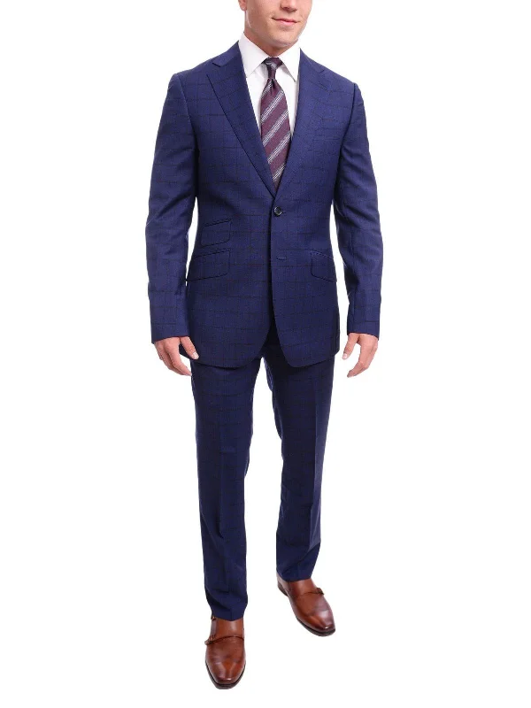 Men's Suits with Ventless JacketsNapoli Slim Fit Blue Plaid Windowpane Two Button Half Canvassed 100% Wool Suit