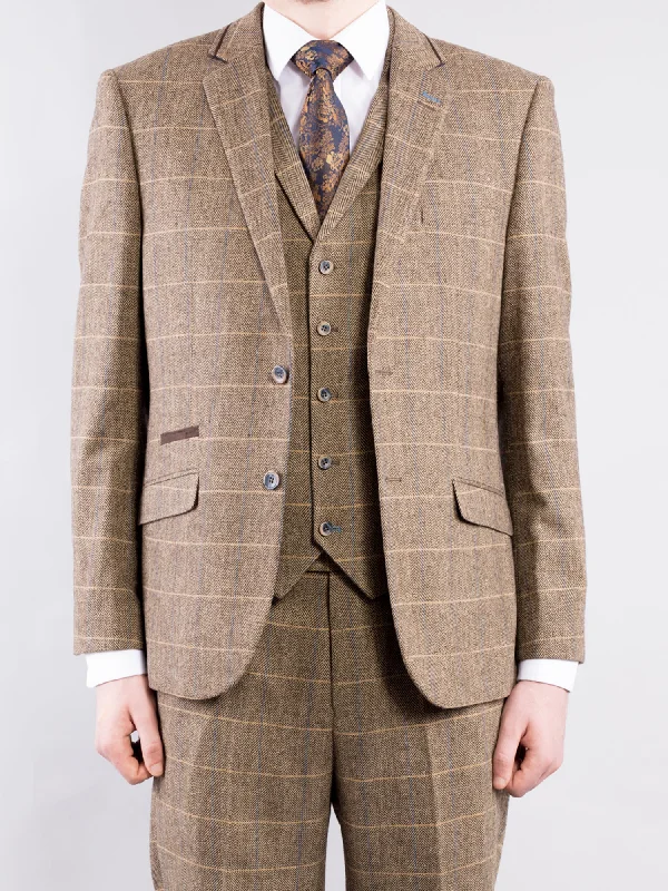 Men's Suits with Patterned FabricsBrown 3-Piece Tweed Suit