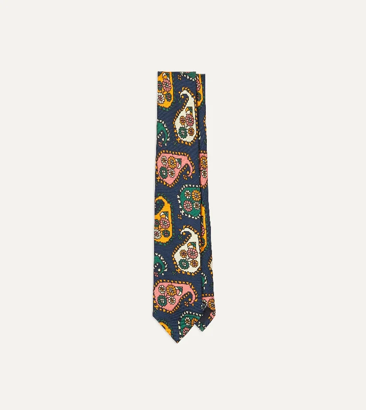 Men's Suits for LayeringNavy Geometric Paisley Print Twill Silk Tipped Tie