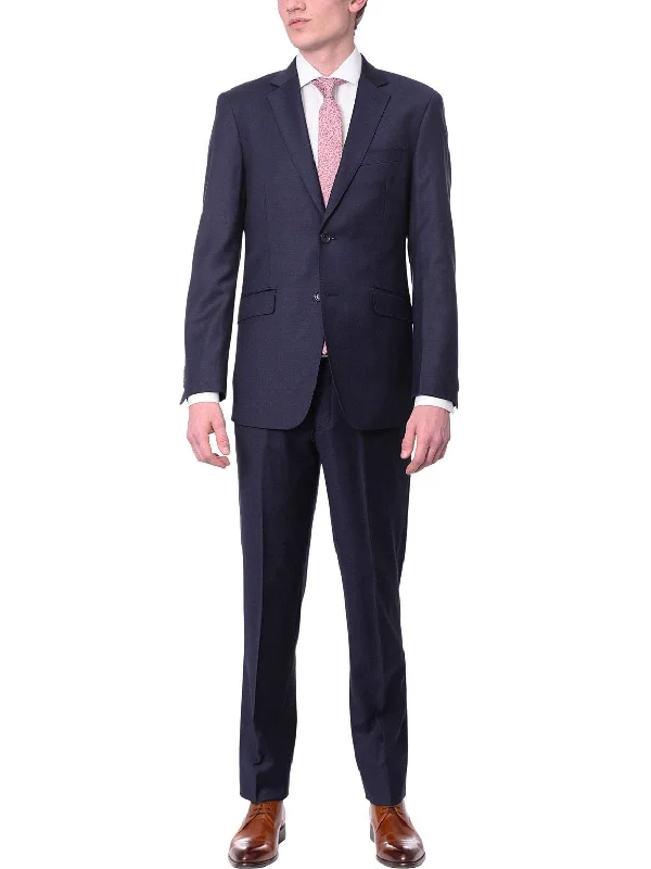 Men's Suits for WeddingsMen's Slim Fit Solid Navy Blue Two Button Wrinkle Resistant 100% Wool Suit