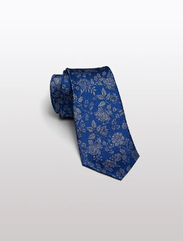 Men's Suits with Notched LapelsMen's French Blue with Grey Floral Patterned 100% Silk Tie