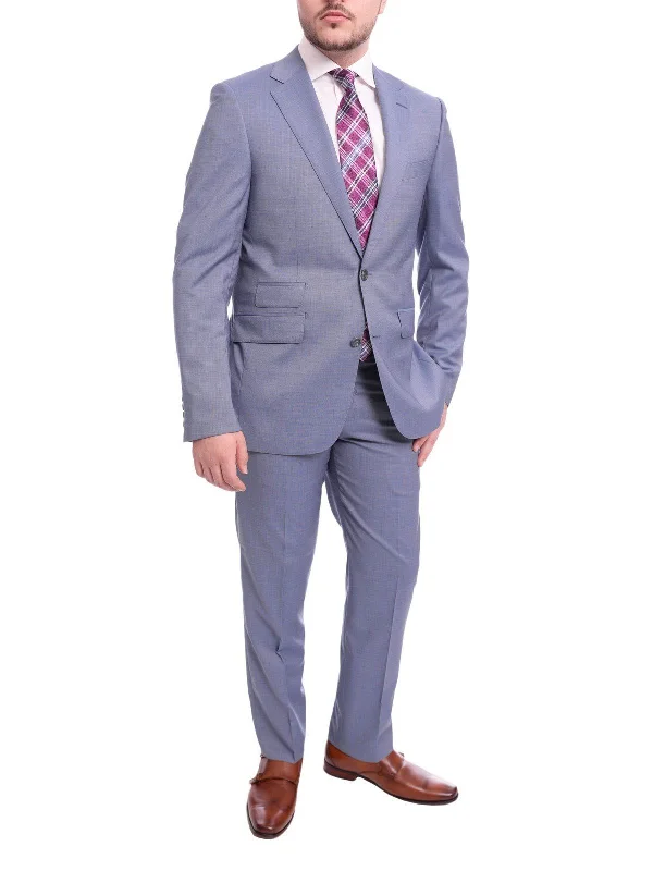 Men's Suits with Flat-Front TrousersNapoli Slim Fit Light Blue Textured Half Canvassed Two Button Wool Suit