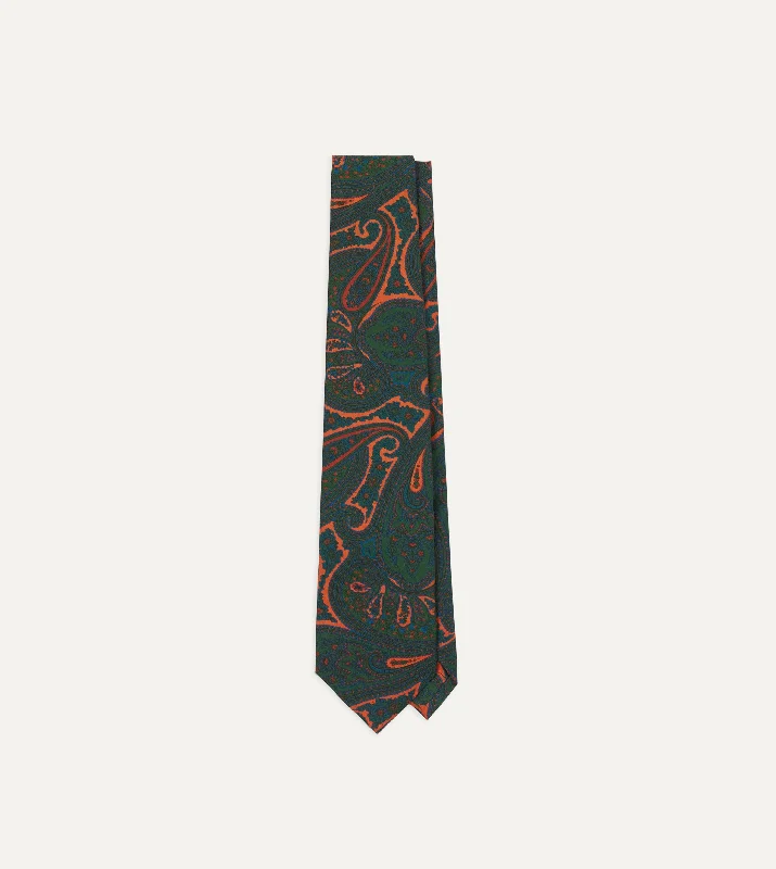 Luxurious Men's Silk-Lined SuitsGreen and Orange Large Paisley Print Madder Silk Self Tipped Tie