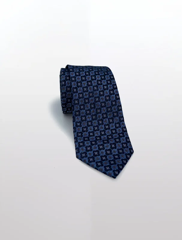 Lightweight Men's Summer SuitsNavy with Blue Geometric Patterned Microfiber Tie