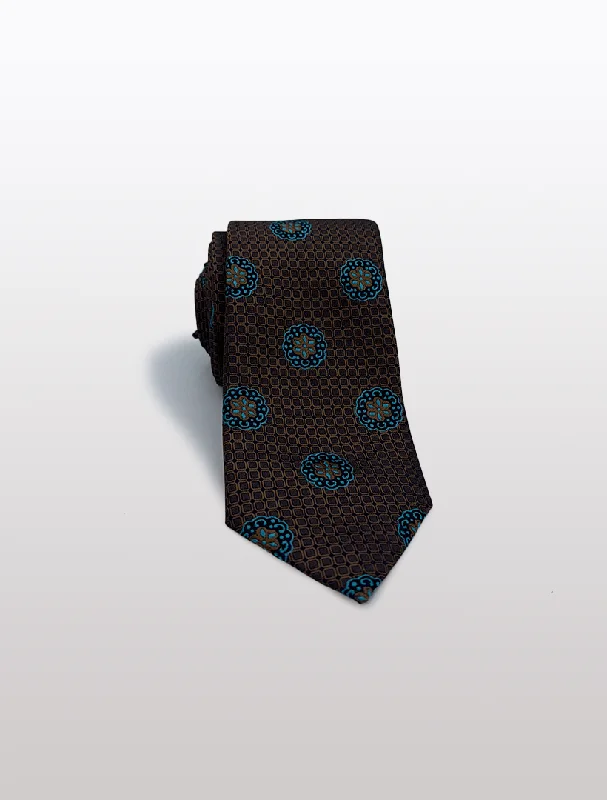 Fashionable Men's Smart Casual SuitsBrown with Blue Motif Patterned Microfiber Tie