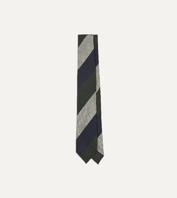 Versatile Men's Black Tie SuitsNavy, Green and White Wide Stripe Silk Grenadine Tie