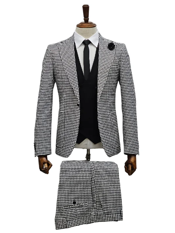 Men's Suits with Peak LapelsGiovanni Testi 1 Button 3 piece Hounds tooth Suit GT1N+V-7009 BLK/WHITE