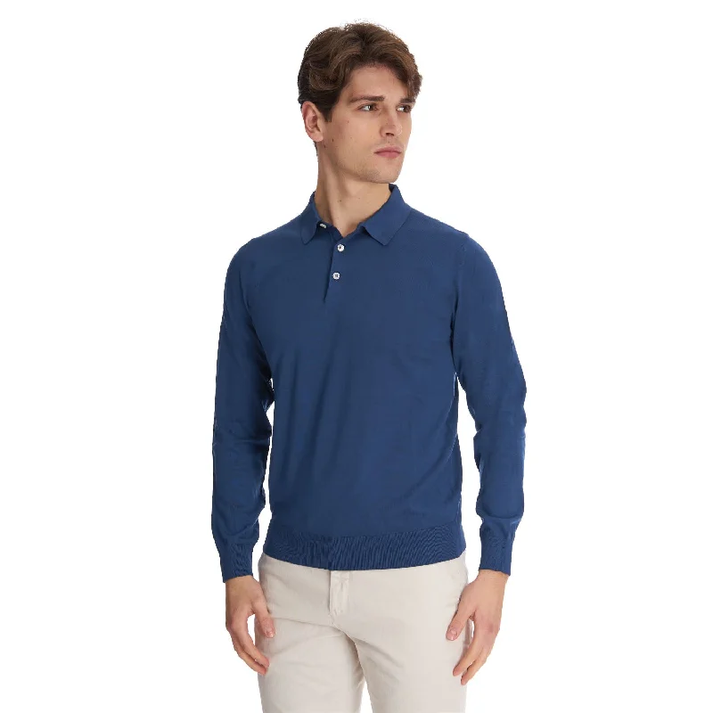 Men's Shirts with CollarsBLUE LONG SLEEVE KNITTED POLO