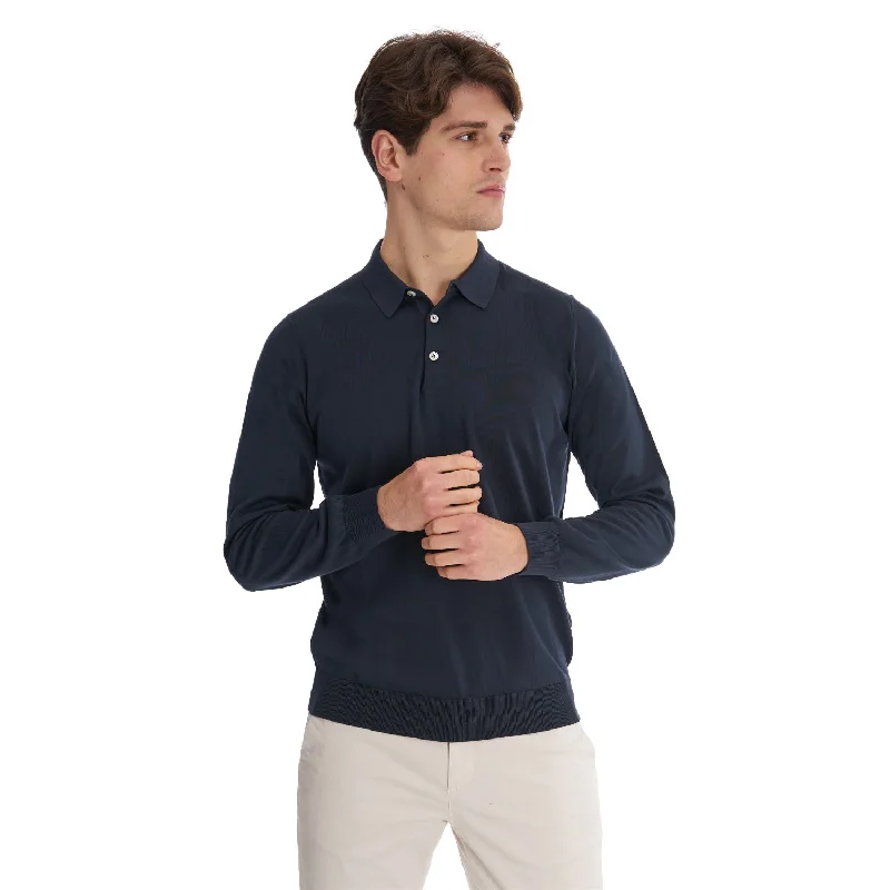 Men's Shirts with Geometric PatternsDARK BLUE LONG SLEEVE KNITTED POLO