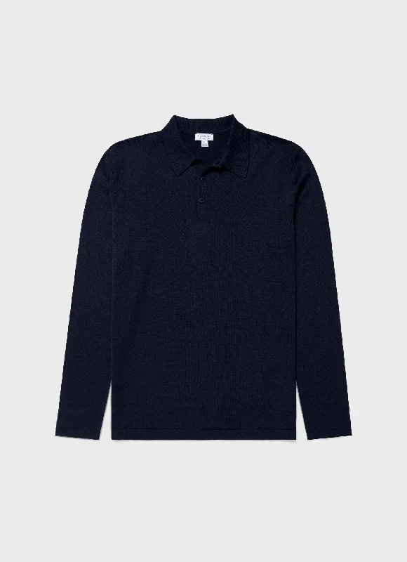 Men's Shirts with Button-Down PocketsMen's Sea Island Cotton Long Sleeve Polo Shirt in Light Navy