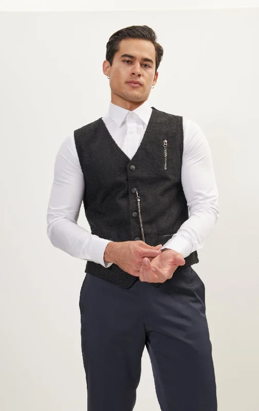 Men's Shirts with Button-Down PocketsPique Pocket-Watch Chain Vest - Black