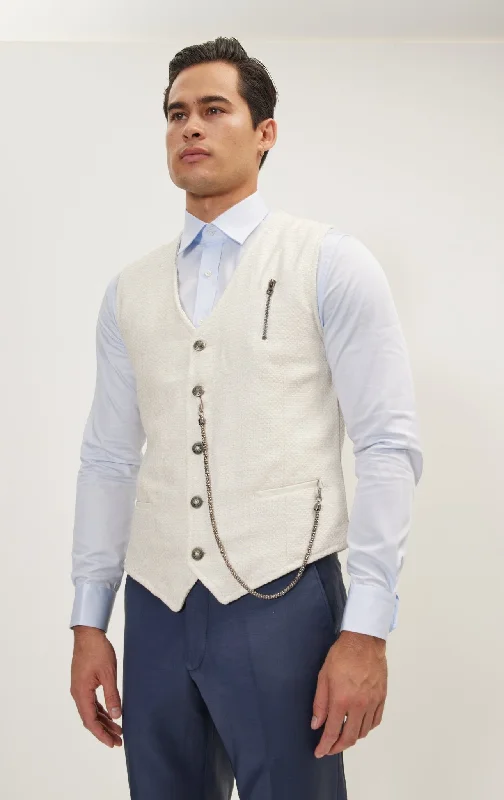 Men's Shirts with Belt LoopsPique Pocket-Watch Chain Vest - Ecru