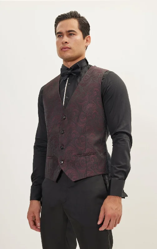 Men's Shirts with Zippered PocketsPaisley V-Shaped Vest - Burgundy