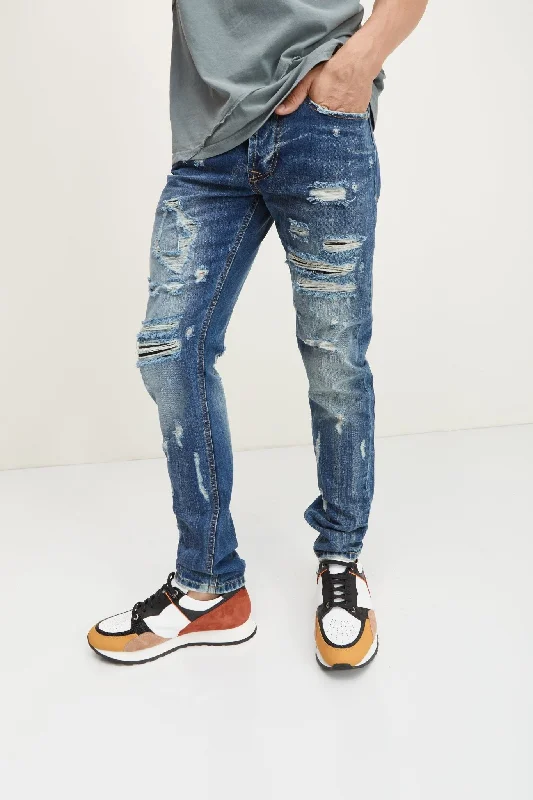 Men's Jeans with a Destroyed LookSlim Straight Cotton Denim Jeans - Navy