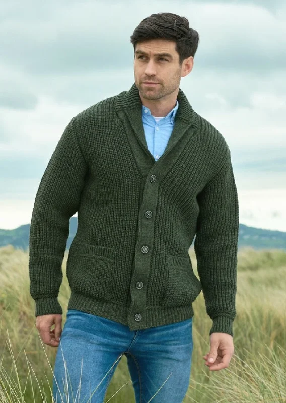 Men's Sweaters with Ribbed HemsAran Crafts Ribbed Shawl Cardigan | Green