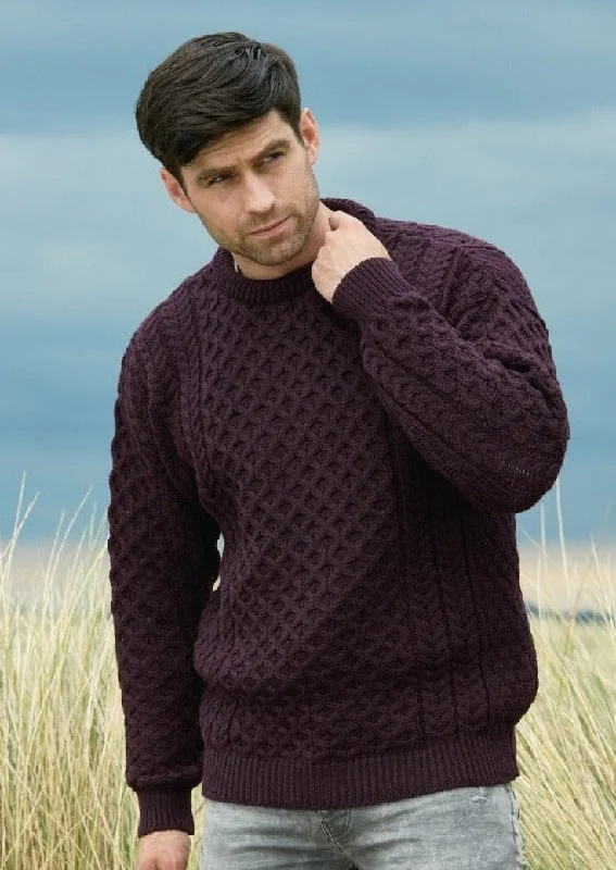 Men's Sweaters with Belt AttachmentsAran Crew Neck Merino Sweater | Plum