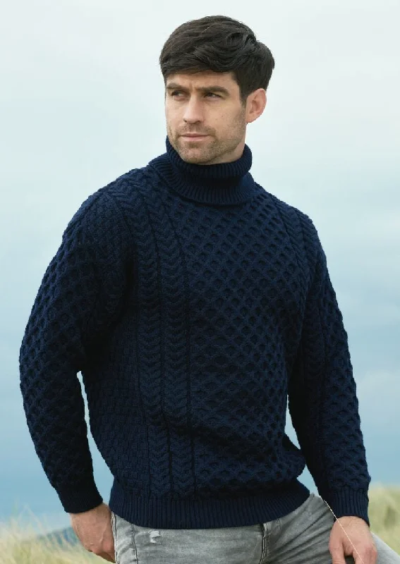 Men's Sweaters with Ribbed HemsAran Merino Polo Neck Sweater | Navy