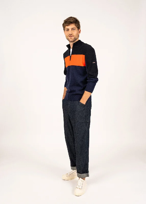 Fitted Men's Slim-Fit SweatersBAYEUX - Quarter Zip Sweater | 100% Wool (DARK BLUE / NAVY / NEON ORANGE)