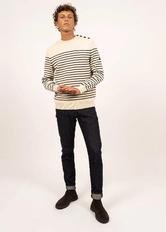 Men's Sweaters with Stand-Up CollarsBINIC - Authentic Striped Fisherman Sweater With Shoulder Buttons in Wool | Loose Fit (ECRU / NAVY)