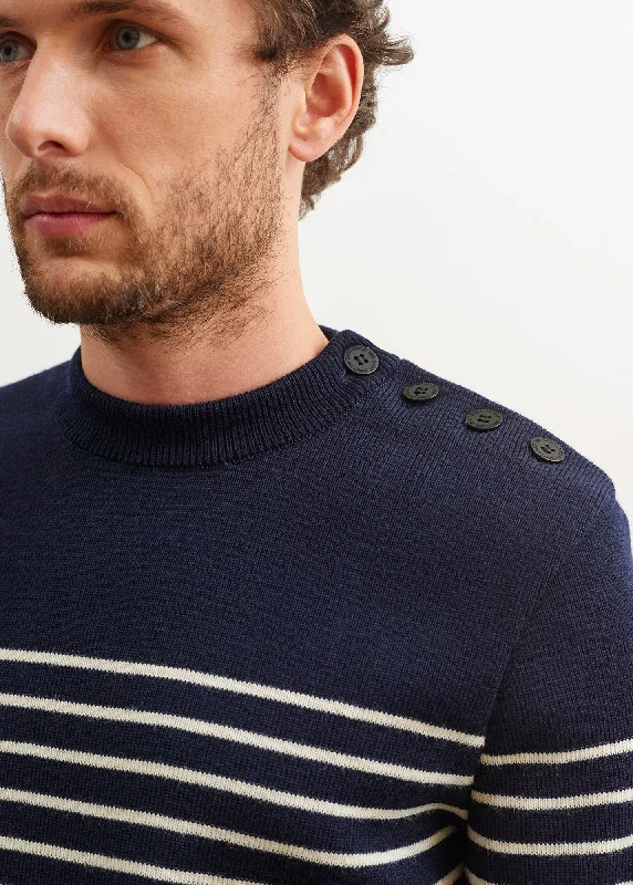 Men's Sweaters with Elastic CuffsBINIC - Authentic Striped Fisherman Sweater With Shoulder Buttons in Wool | Loose Fit (NAVY / ECRU)