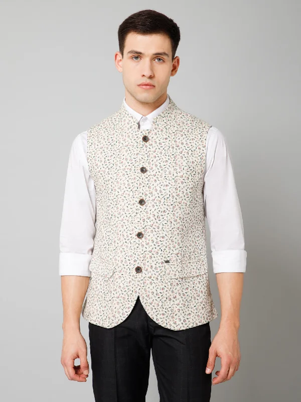 Men's Coats for Everyday WearMen Beige Floral Printed Formal Band Collar Sleeveless Waist Coat