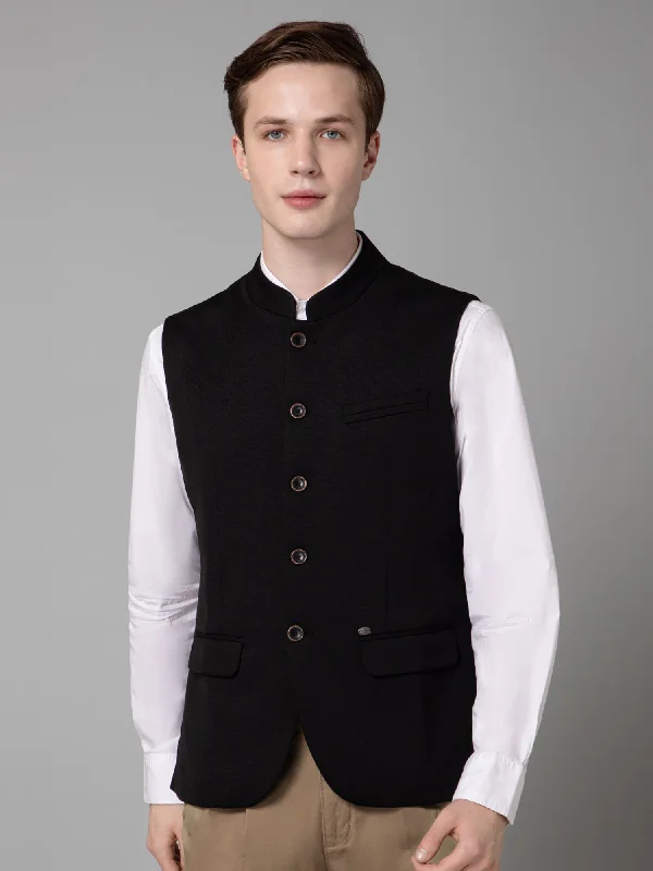 Warm Men's Down JacketsMen Black Self Design Formal Band Collar Sleeveless Waist Coat