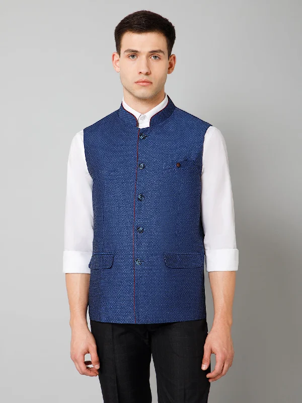 Men's Coats with Wind-Resistant FabricMen Blue Self Design Casual Band Collar Sleeveless Waist Coat