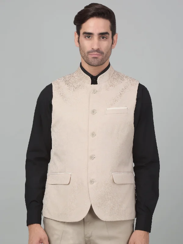 Weather-Resistant Men's CoatsMen's Fawn Self Design Party Wear Waistcoat