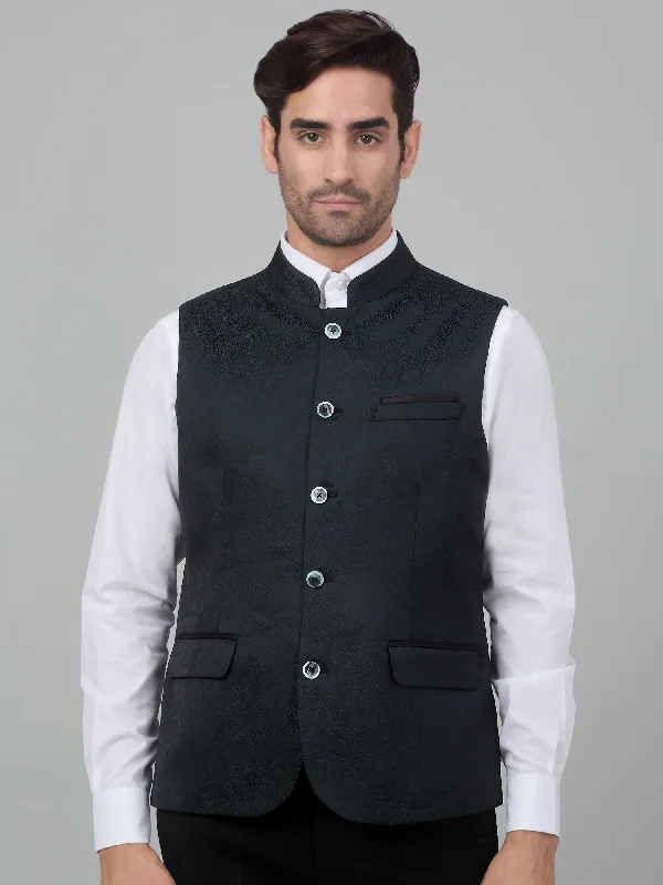 Men's Coats with Belted WaistsMen's Green Self Design Party Wear Waistcoat