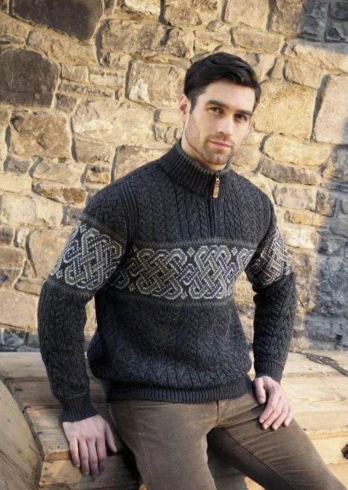 Men's Sweaters with Skinny FitsAran Crafts Celtic Jacquard Zip Sweater | Charcoal