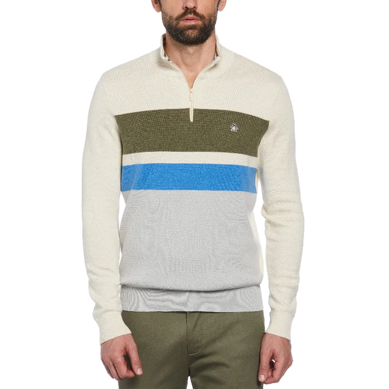 Men's Sweaters with Raglan SleevesChest Stripe 1/4 Zip Sweater